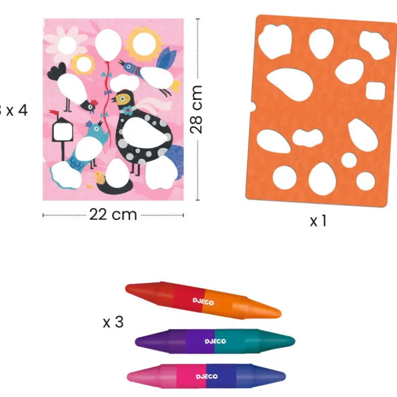Djeco Coffret pour colorier au pochoir "Piou piou & Co" 8993< Pochoirs Djeco | Dessin, Peinture, Coloriage